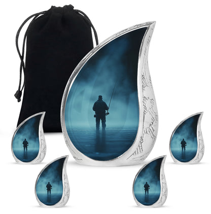 Bright Blue Fishing Cremation Urn side profile showing urn shape - graceful tear-shaped urn with fishing motif - memorial set with one large and four small urns