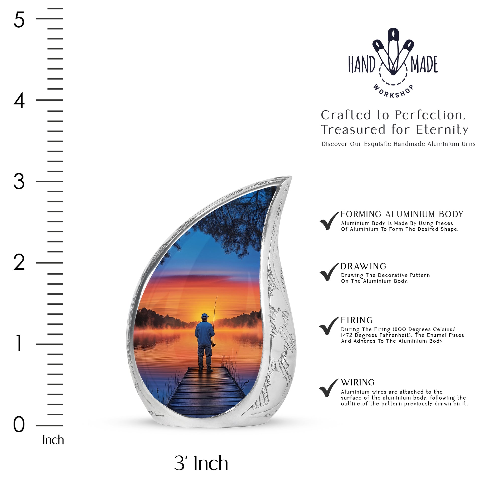 Cobalt Blue Fishing Cremation Urn angled view of lid and engraved motif - smooth teardrop contour featuring fishing art - mini keepsake memorial for portion of cremation ashes