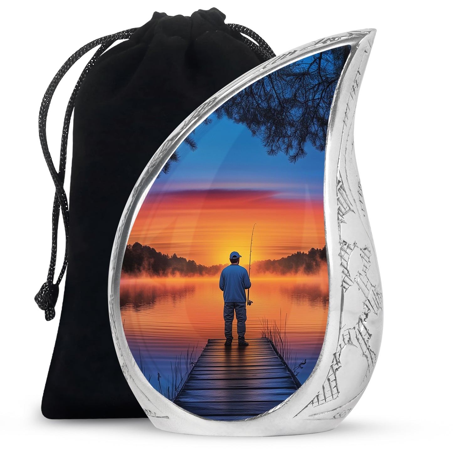 Serene Blue Fishing Cremation Urn front view showing detailed design - graceful tear-shaped urn with fishing motif - full-size 10 inch 200 cubic inch adult cremation urn