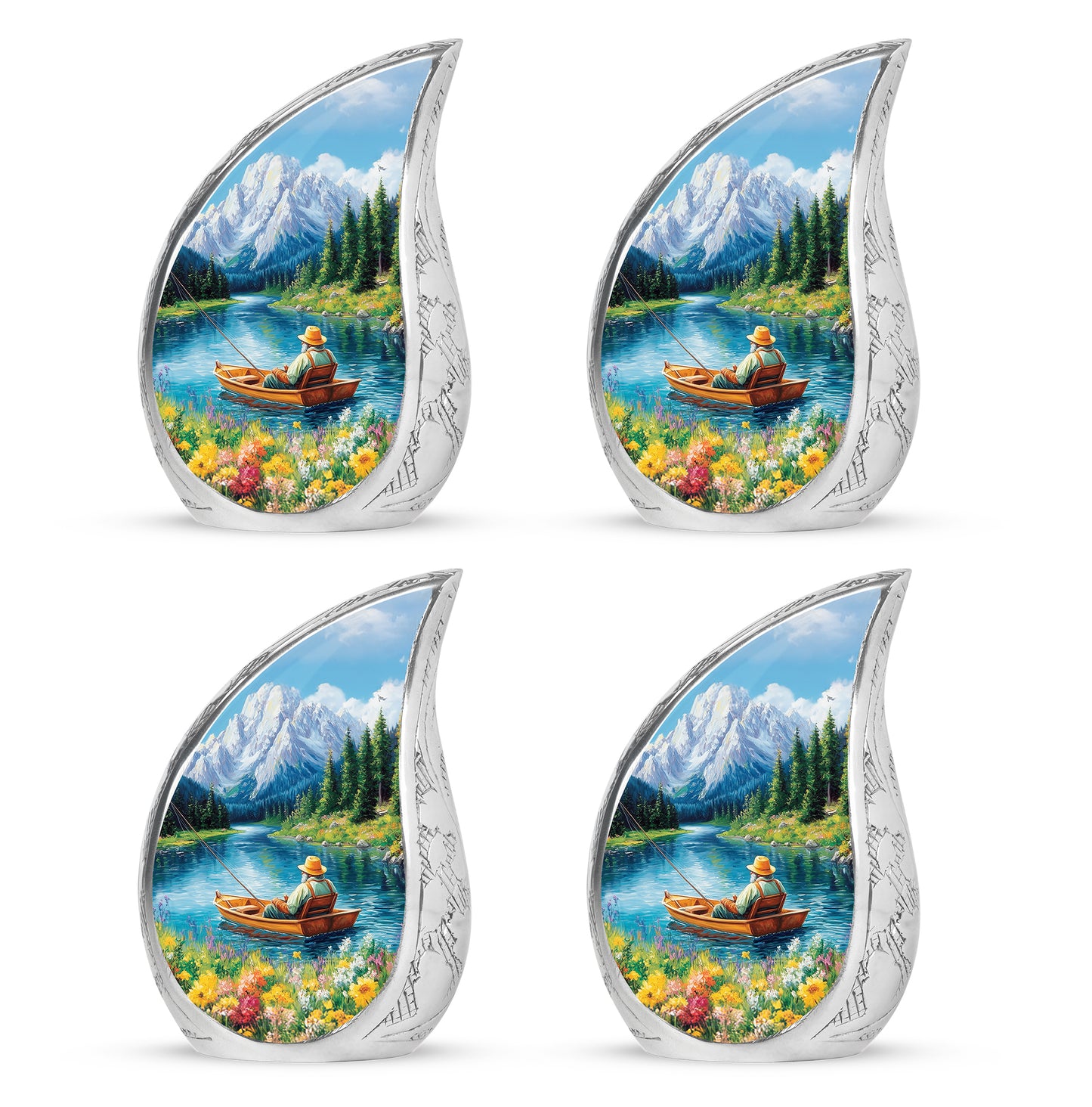Sky Blue Fishing Cremation Urn close-up of engraving and surface detail - flowing teardrop fishing silhouette on curved aluminum - 10 inch aluminum urn for cremated remains