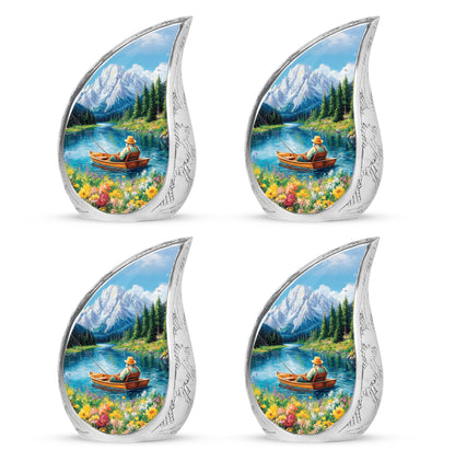 Sky Blue Fishing Cremation Urn close-up of engraving and surface detail - flowing teardrop fishing silhouette on curved aluminum - 10 inch aluminum urn for cremated remains