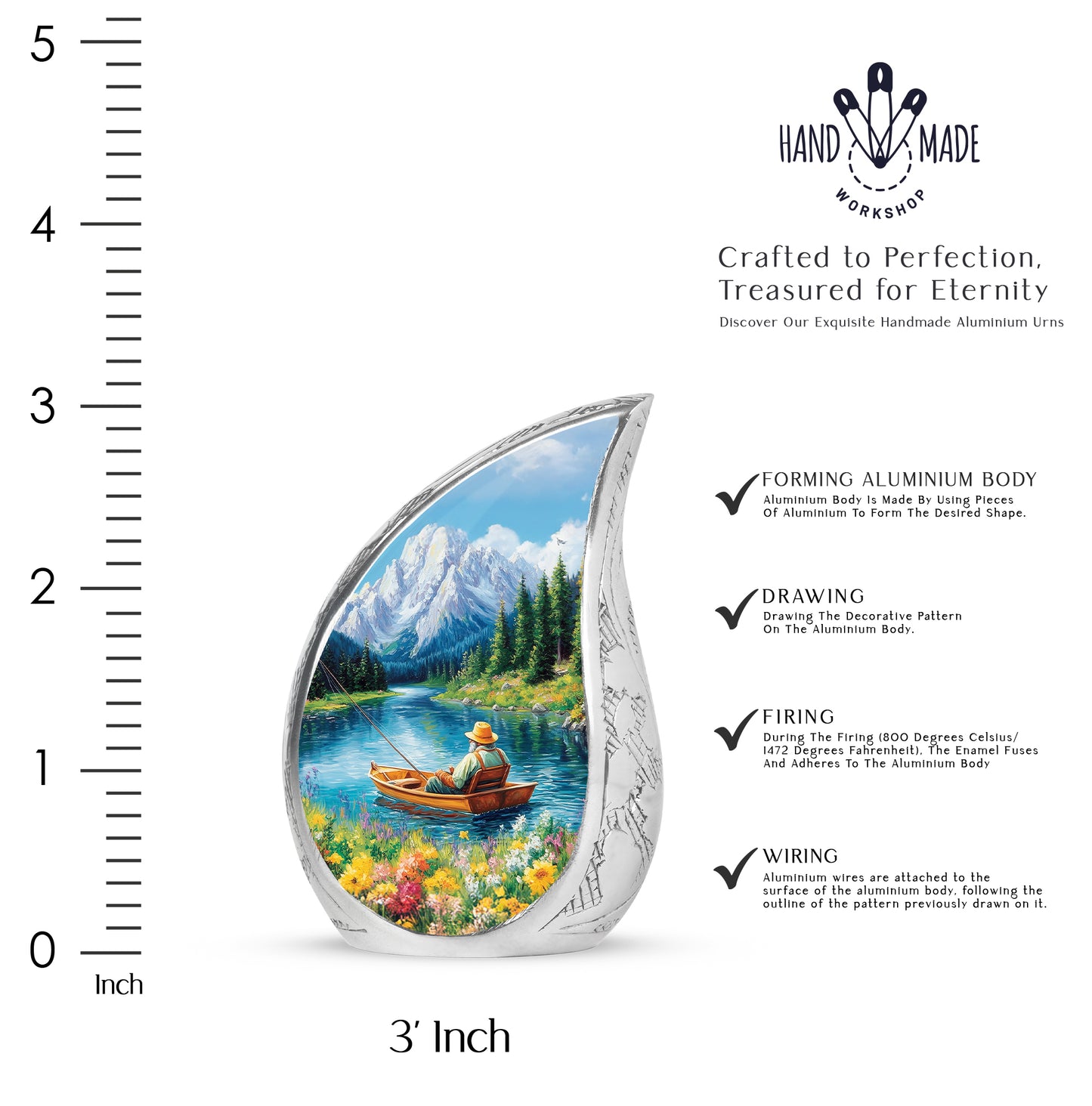 Navy Blue Fishing Cremation Urn angled view of lid and engraved motif - rounded teardrop fishing design with delicate detail - mini keepsake memorial for portion of cremation ashes