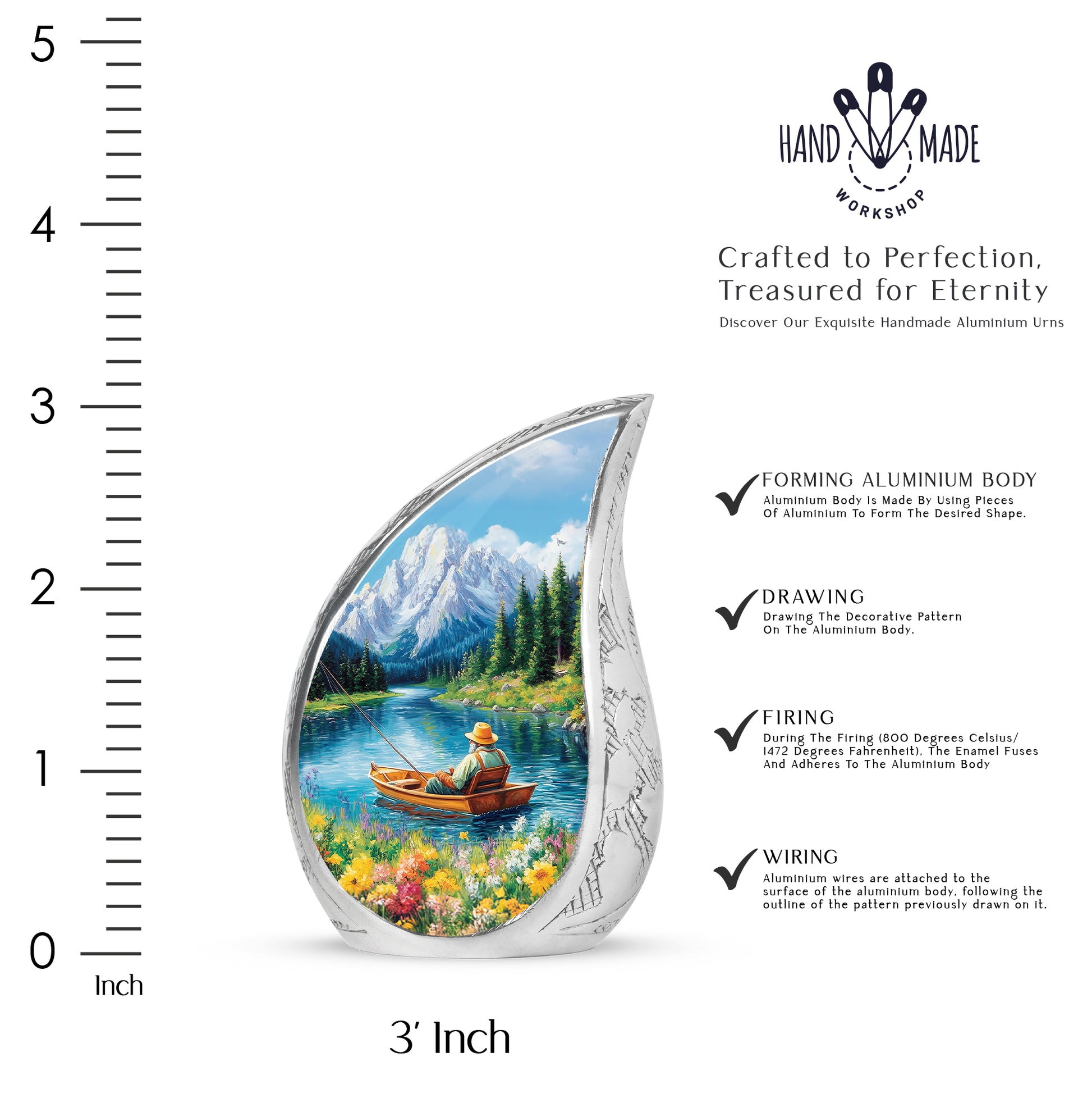Navy Blue Fishing Cremation Urn angled view of lid and engraved motif - rounded teardrop fishing design with delicate detail - mini keepsake memorial for portion of cremation ashes