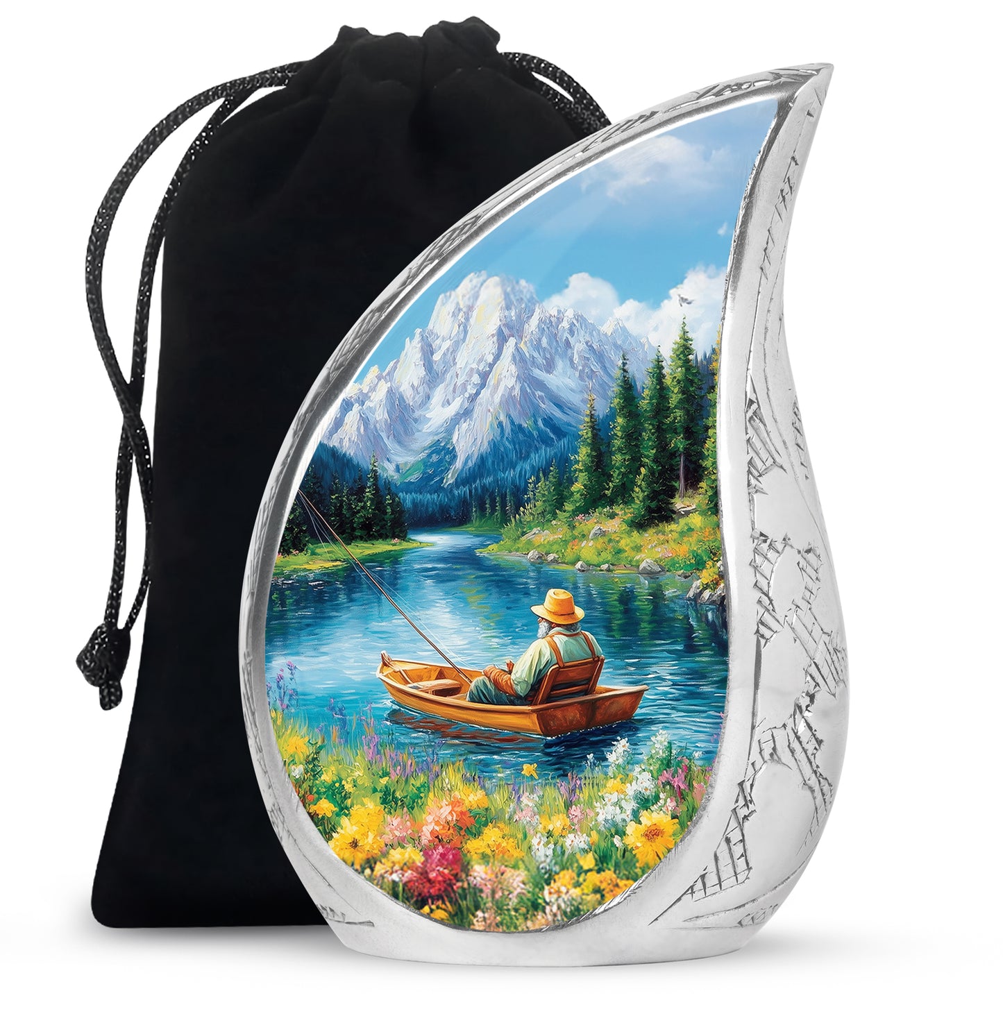 Misty Blue Fishing Cremation Urn front view showing detailed design - rounded teardrop fishing design with delicate detail - full-size 10 inch 200 cubic inch adult cremation urn