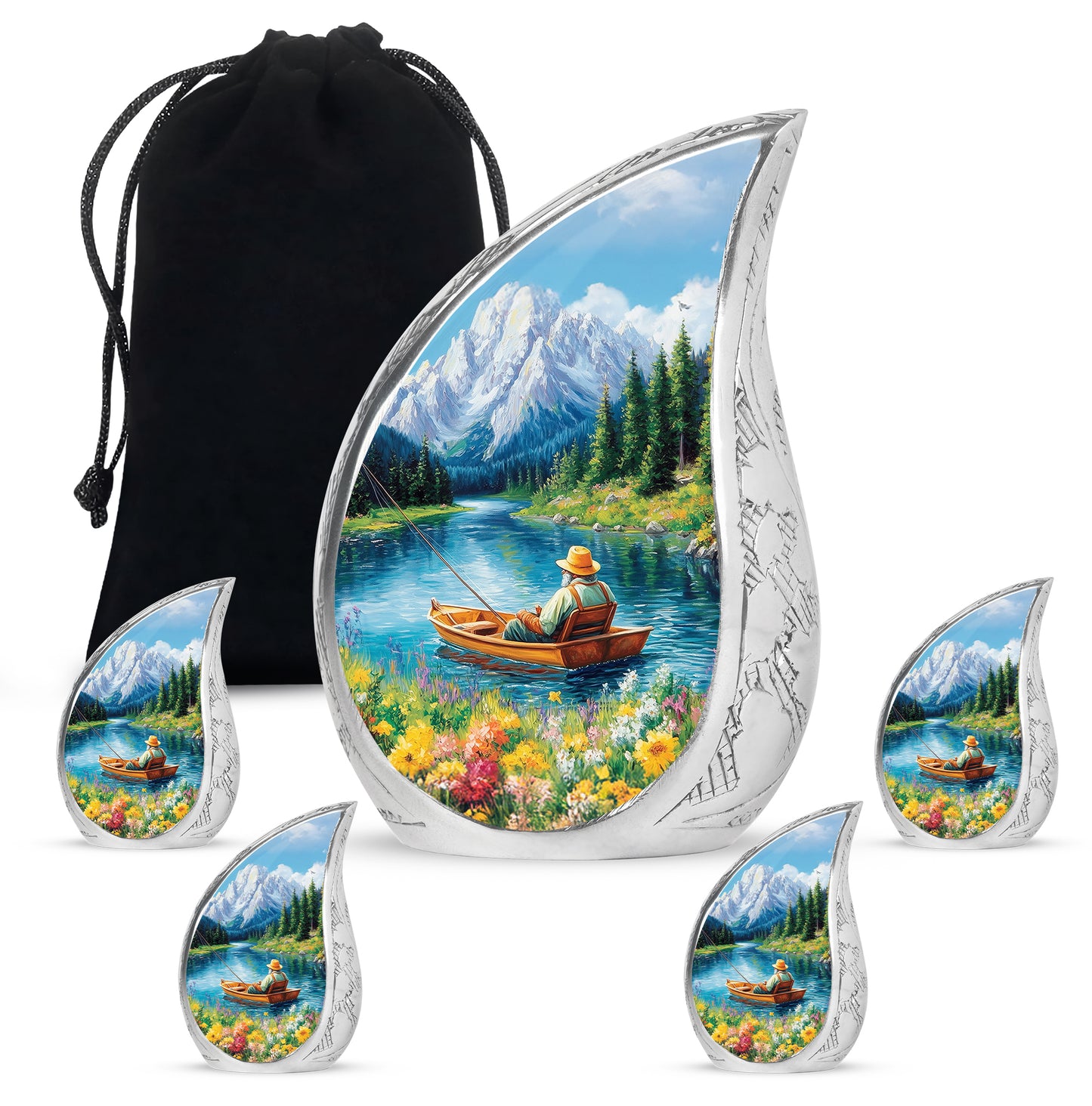 Sapphire Blue Fishing Cremation Urn side profile showing urn shape - graceful tear-shaped urn with fishing motif - memorial set with one large and four small urns