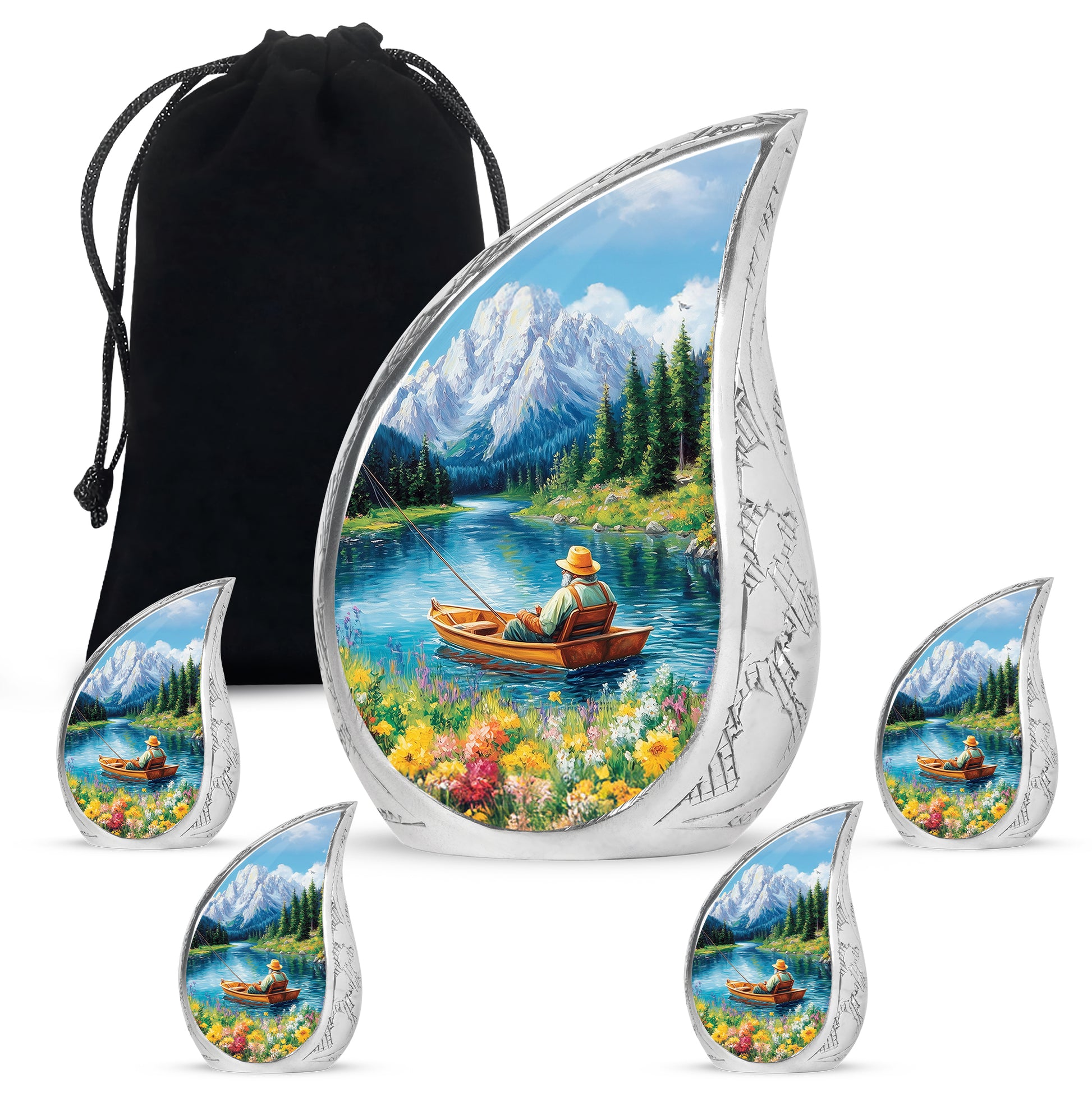 Sapphire Blue Fishing Cremation Urn side profile showing urn shape - graceful tear-shaped urn with fishing motif - memorial set with one large and four small urns