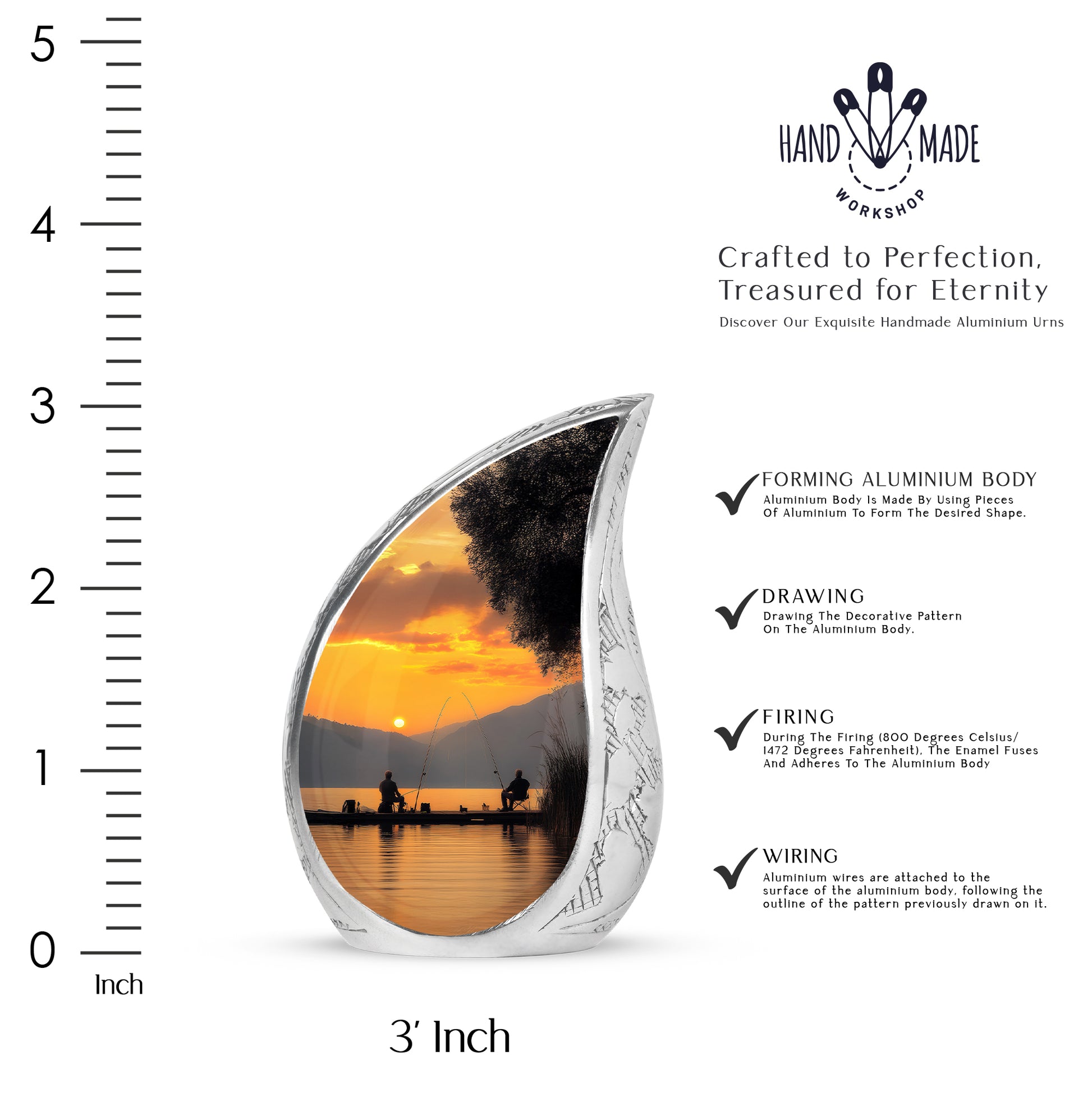 Sunrise Gold Fishing Cremation Urn angled view of lid and engraved motif - rounded teardrop fishing design with delicate detail - mini keepsake memorial for portion of cremation ashes