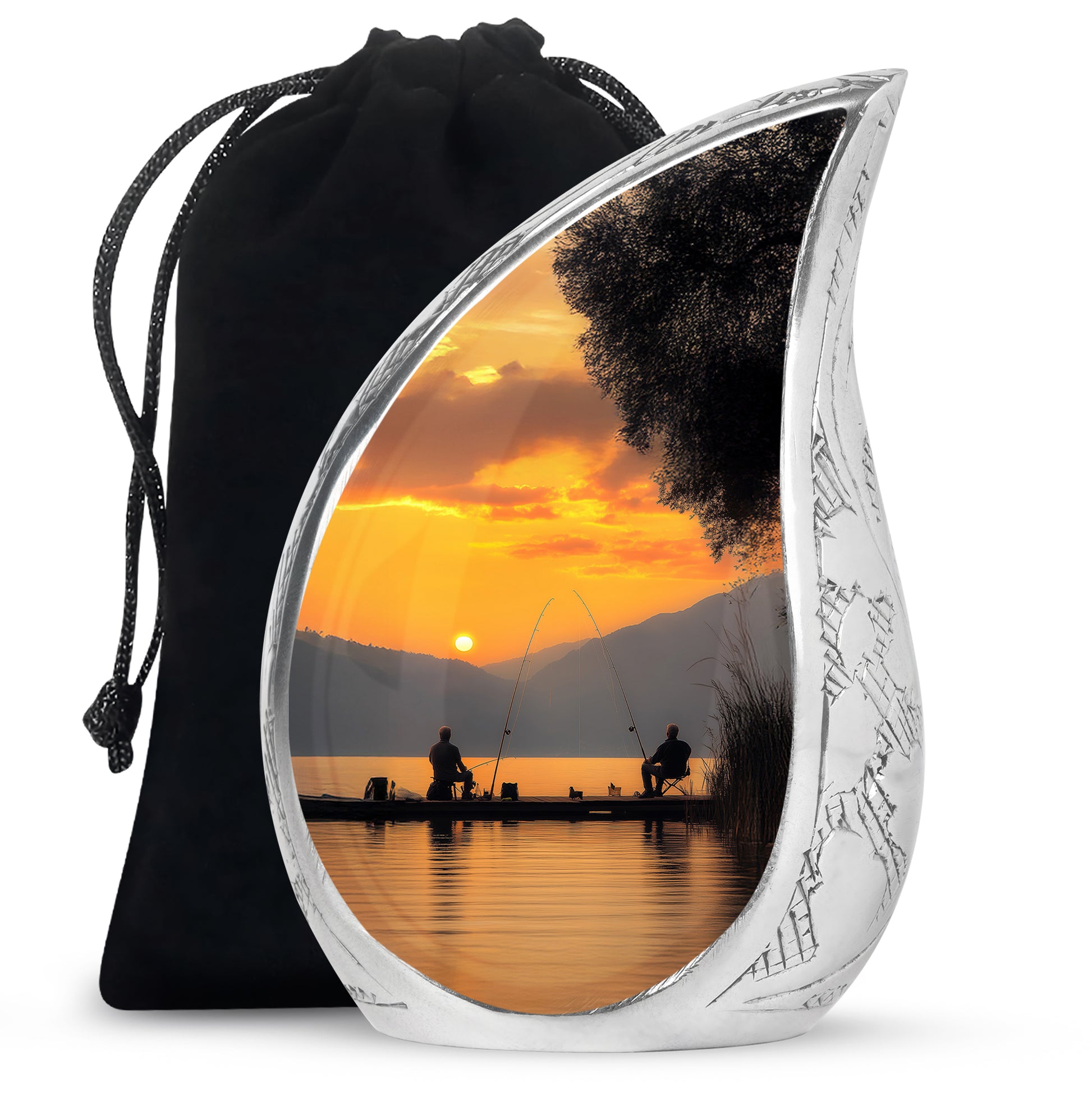 Antique Gold Fishing Cremation Urn front view showing detailed design - flowing teardrop fishing silhouette on curved aluminum - full-size 10 inch 200 cubic inch adult cremation urn