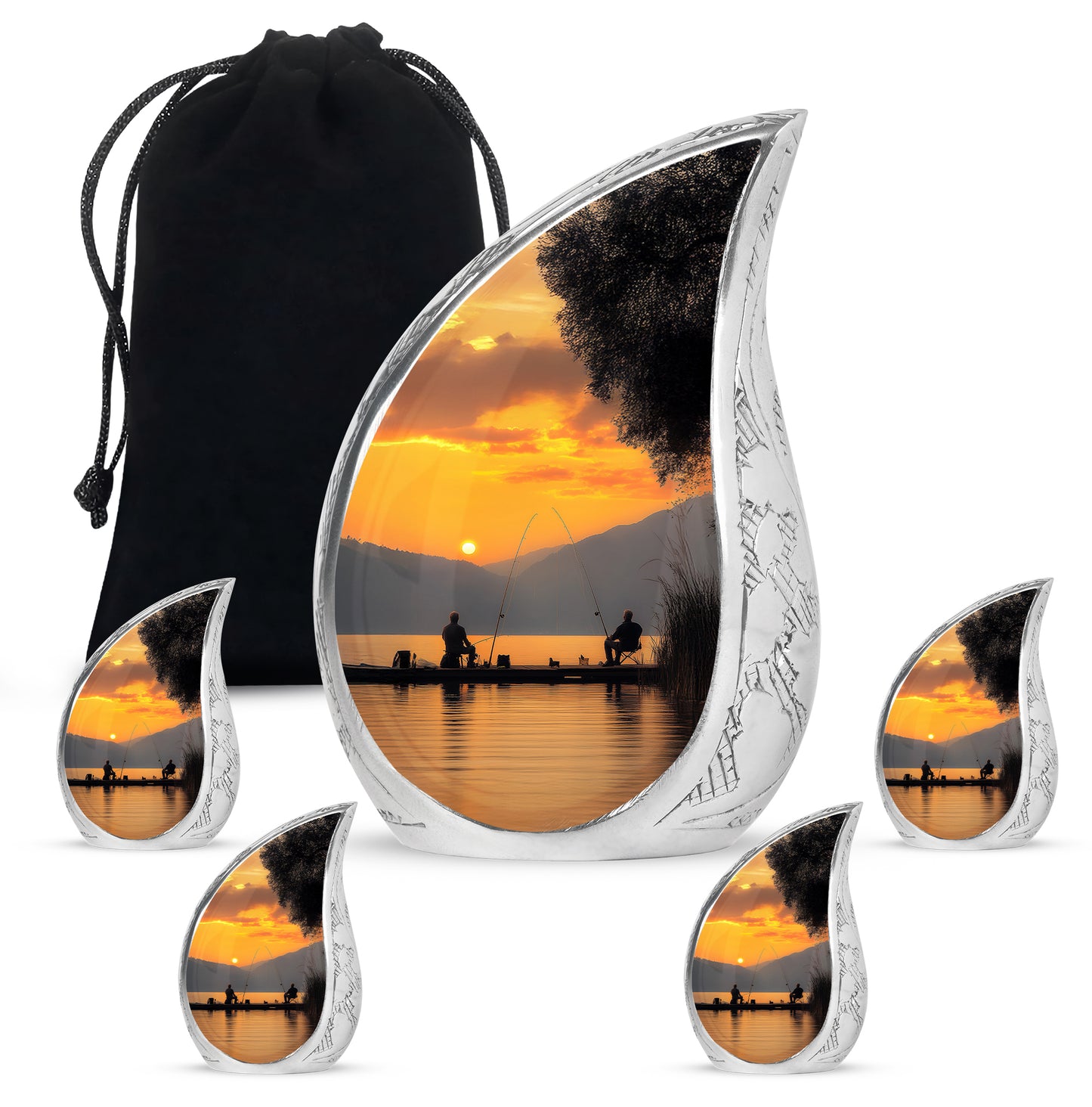 Harvest Gold Fishing Cremation Urn side profile showing urn shape - smooth teardrop contour featuring fishing art - memorial set with one large and four small urns