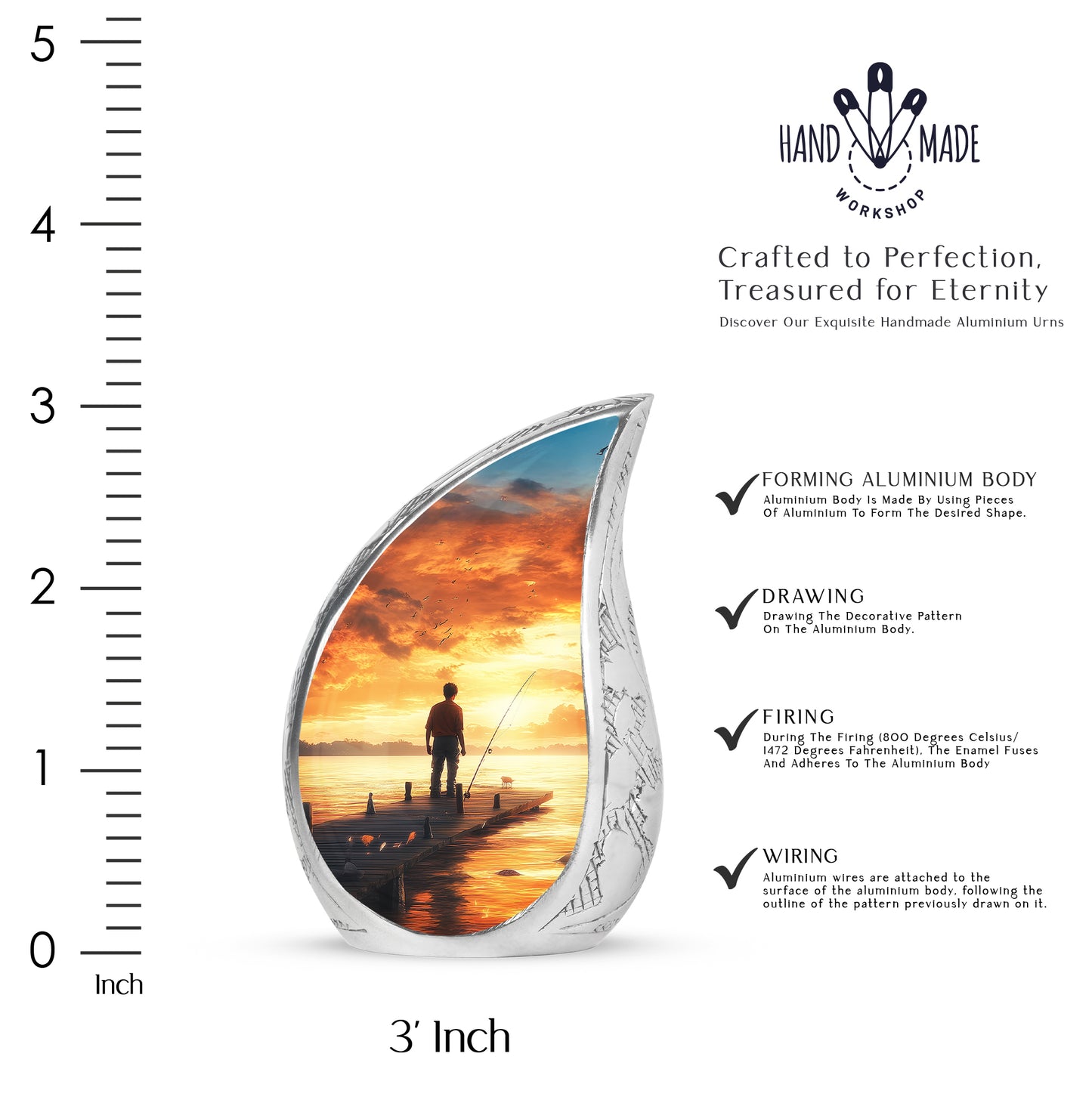 Champagne Gold Fishing Cremation Urn angled view of lid and engraved motif - flowing teardrop fishing silhouette on curved aluminum - mini keepsake memorial for portion of cremation ashes