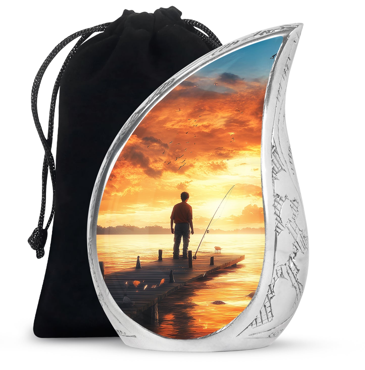 Burnished Gold Fishing Cremation Urn front view showing detailed design - graceful tear-shaped urn with fishing motif - full-size 10 inch 200 cubic inch adult cremation urn
