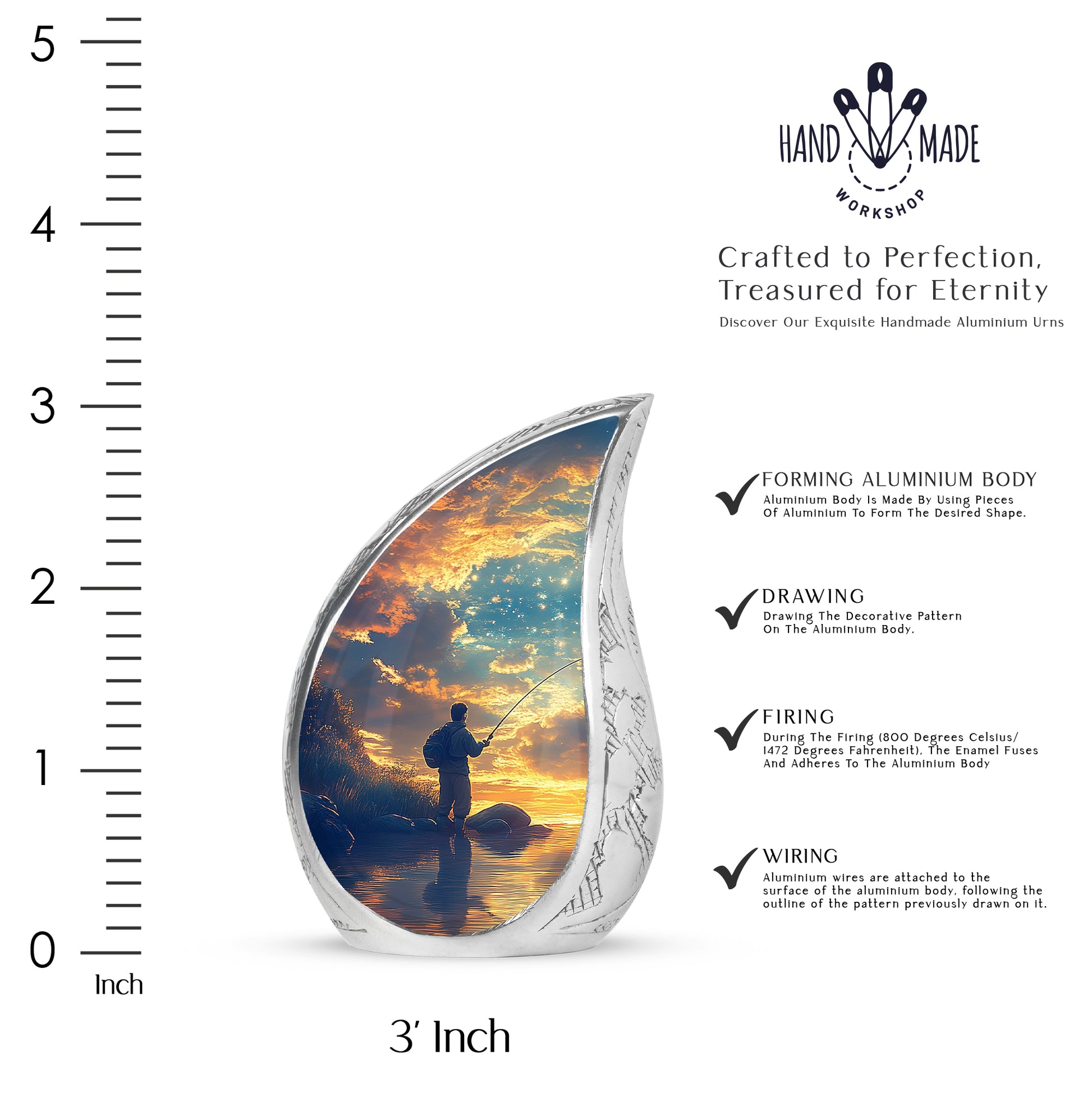 Pastel Blue Fishing Cremation Urn angled view of lid and engraved motif - rounded teardrop fishing design with delicate detail - mini keepsake memorial for portion of cremation ashes