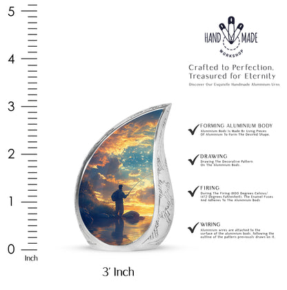 Pastel Blue Fishing Cremation Urn angled view of lid and engraved motif - rounded teardrop fishing design with delicate detail - mini keepsake memorial for portion of cremation ashes