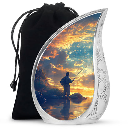 Vivid Blue Fishing Cremation Urn front view showing detailed design - smooth teardrop contour featuring fishing art - full-size 10 inch 200 cubic inch adult cremation urn