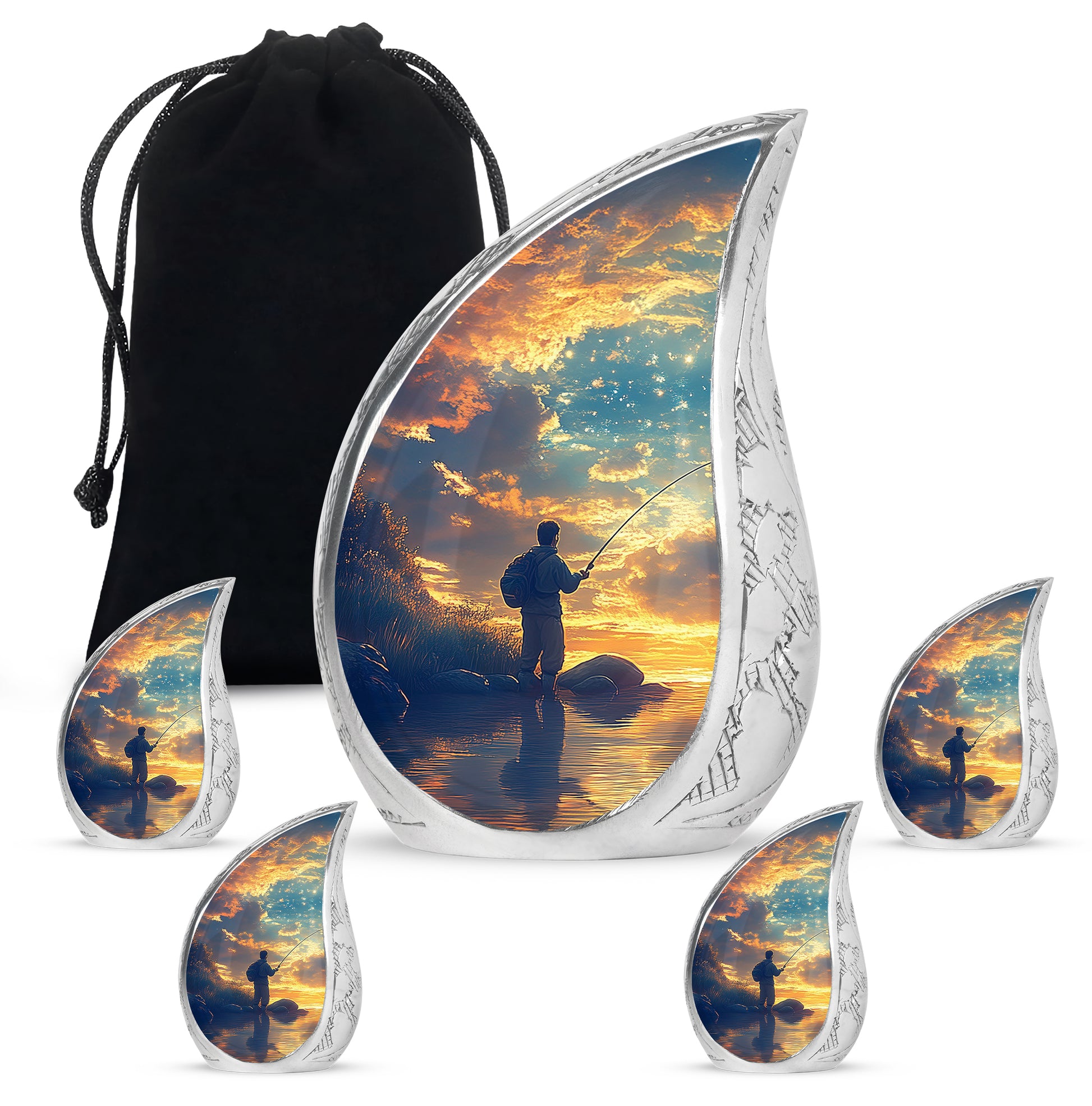 Navy Blue Fishing Cremation Urn side profile showing urn shape - flowing teardrop fishing silhouette on curved aluminum - memorial set with one large and four small urns
