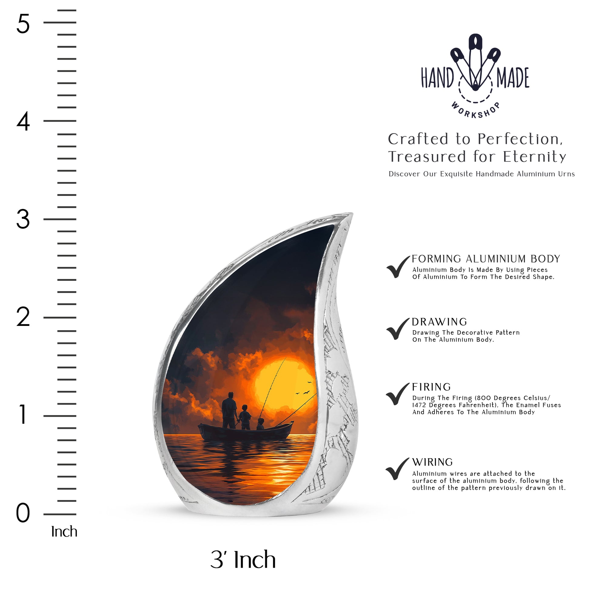 Sapphire Blue Fishing Cremation Urn angled view of lid and engraved motif - graceful tear-shaped urn with fishing motif - mini keepsake memorial for portion of cremation ashes
