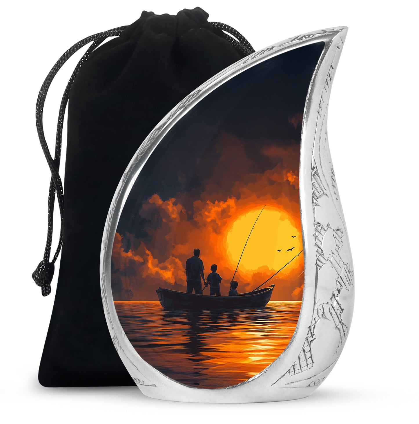 Celestial Blue Fishing Cremation Urn front view showing detailed design - rounded teardrop fishing design with delicate detail - full-size 10 inch 200 cubic inch adult cremation urn