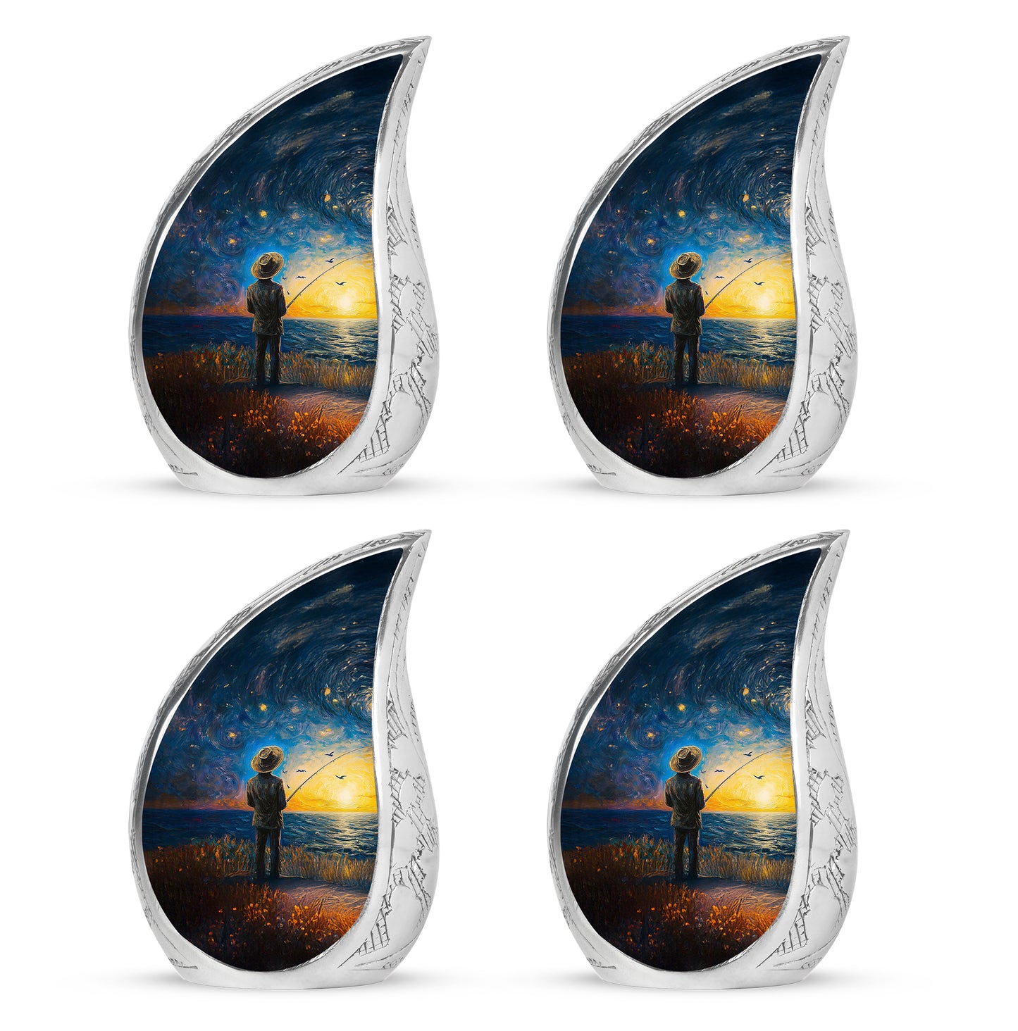 Cornflower Blue Fishing Cremation Urn close-up of engraving and surface detail - smooth teardrop contour featuring fishing art - 10 inch aluminum urn for cremated remains