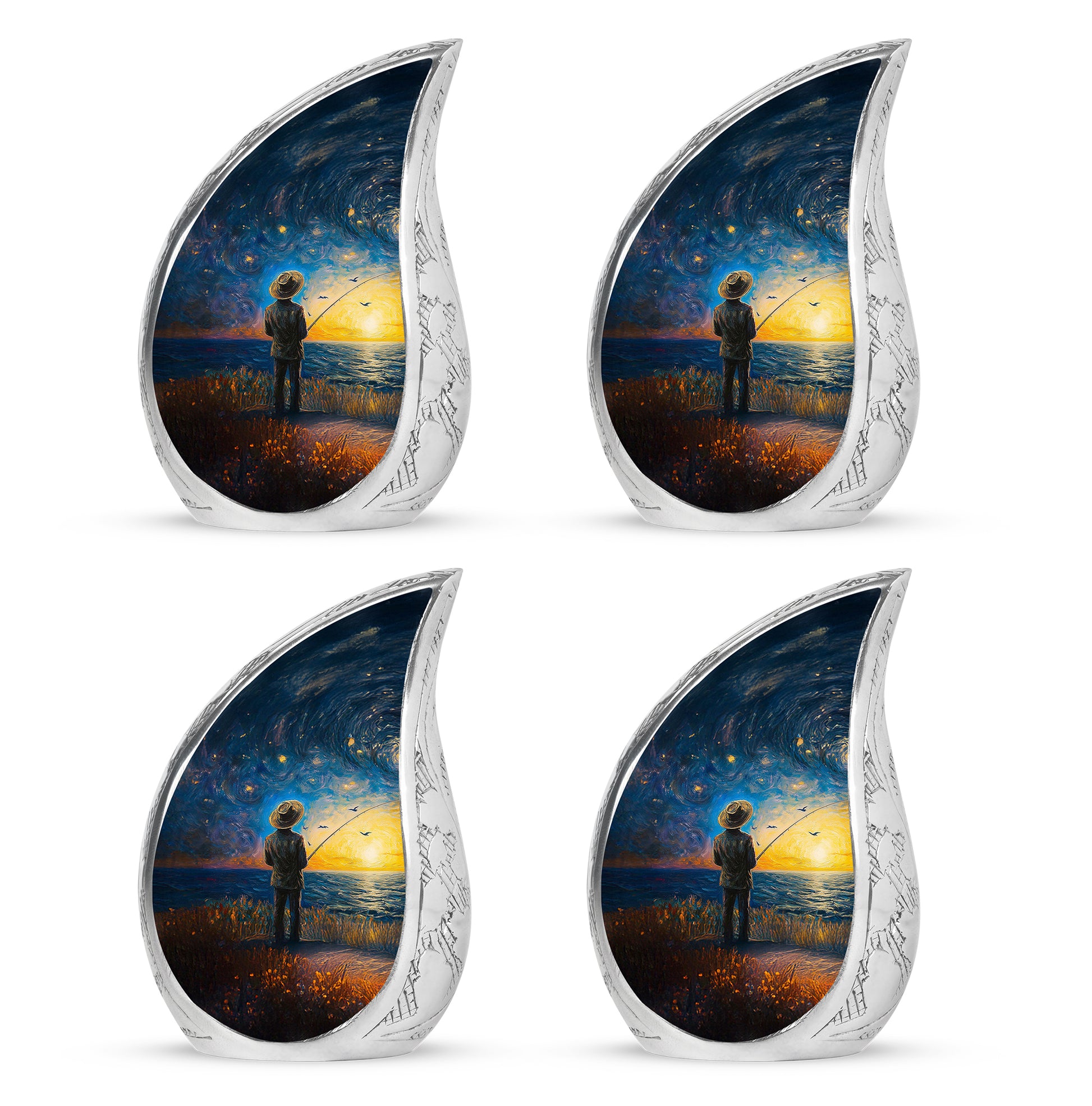 Cornflower Blue Fishing Cremation Urn close-up of engraving and surface detail - smooth teardrop contour featuring fishing art - 10 inch aluminum urn for cremated remains