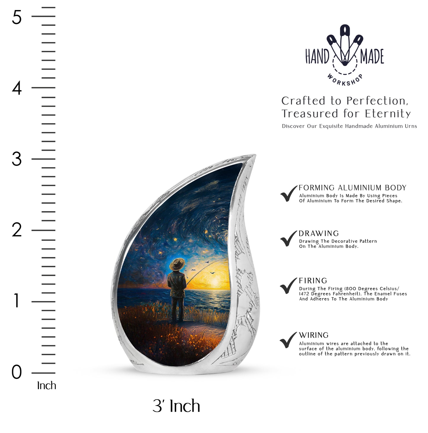 Sky Blue Fishing Cremation Urn angled view of lid and engraved motif - rounded teardrop fishing design with delicate detail - mini keepsake memorial for portion of cremation ashes