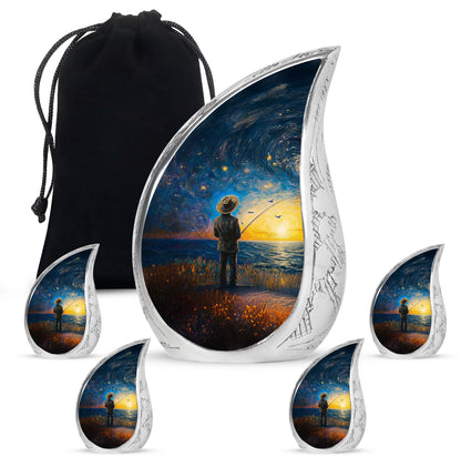 Pastel Blue Fishing Cremation Urn side profile showing urn shape - rounded teardrop fishing design with delicate detail - memorial set with one large and four small urns