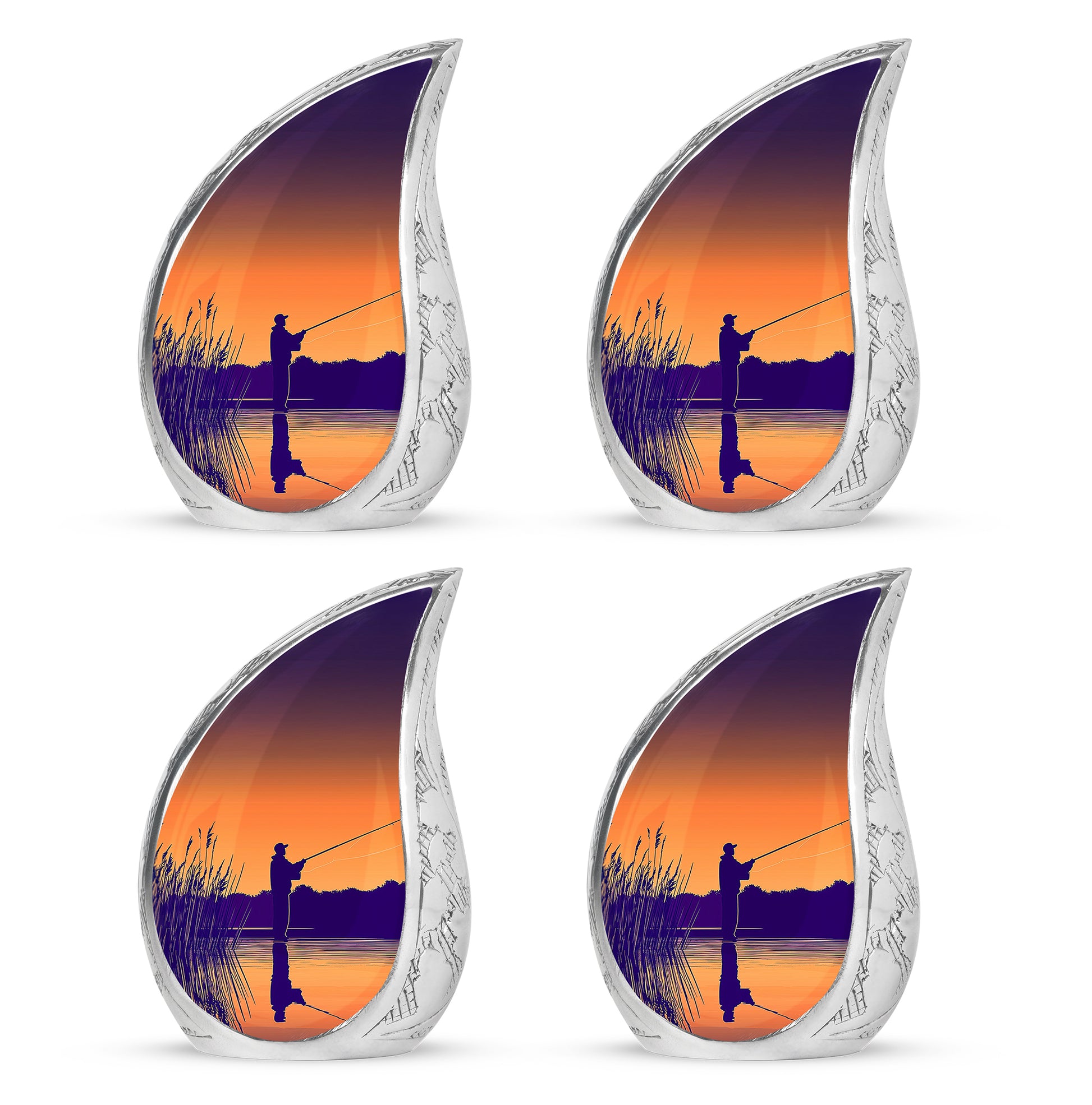 Gilded Gold Fishing Cremation Urn close-up of engraving and surface detail - flowing teardrop fishing silhouette on curved aluminum - 10 inch aluminum urn for cremated remains