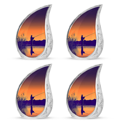 Gilded Gold Fishing Cremation Urn close-up of engraving and surface detail - flowing teardrop fishing silhouette on curved aluminum - 10 inch aluminum urn for cremated remains