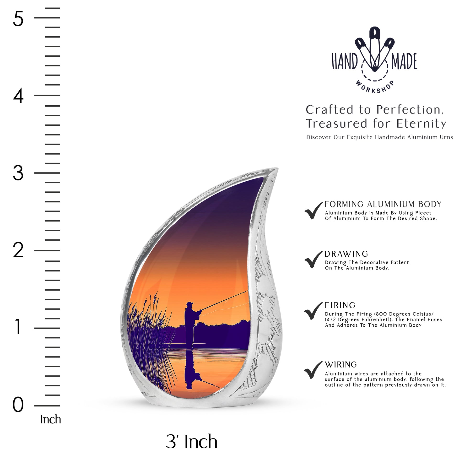 Harvest Gold Fishing Cremation Urn angled view of lid and engraved motif - smooth teardrop contour featuring fishing art - mini keepsake memorial for portion of cremation ashes