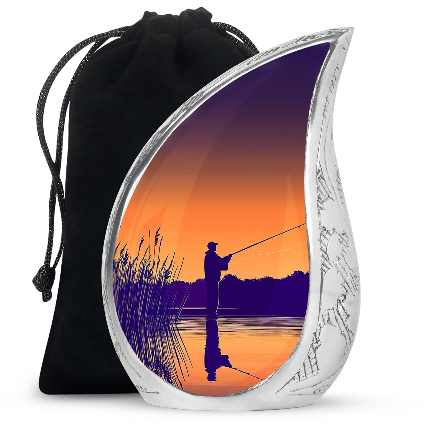 Warm Gold Fishing Cremation Urn front view showing detailed design - graceful tear-shaped urn with fishing motif - full-size 10 inch 200 cubic inch adult cremation urn