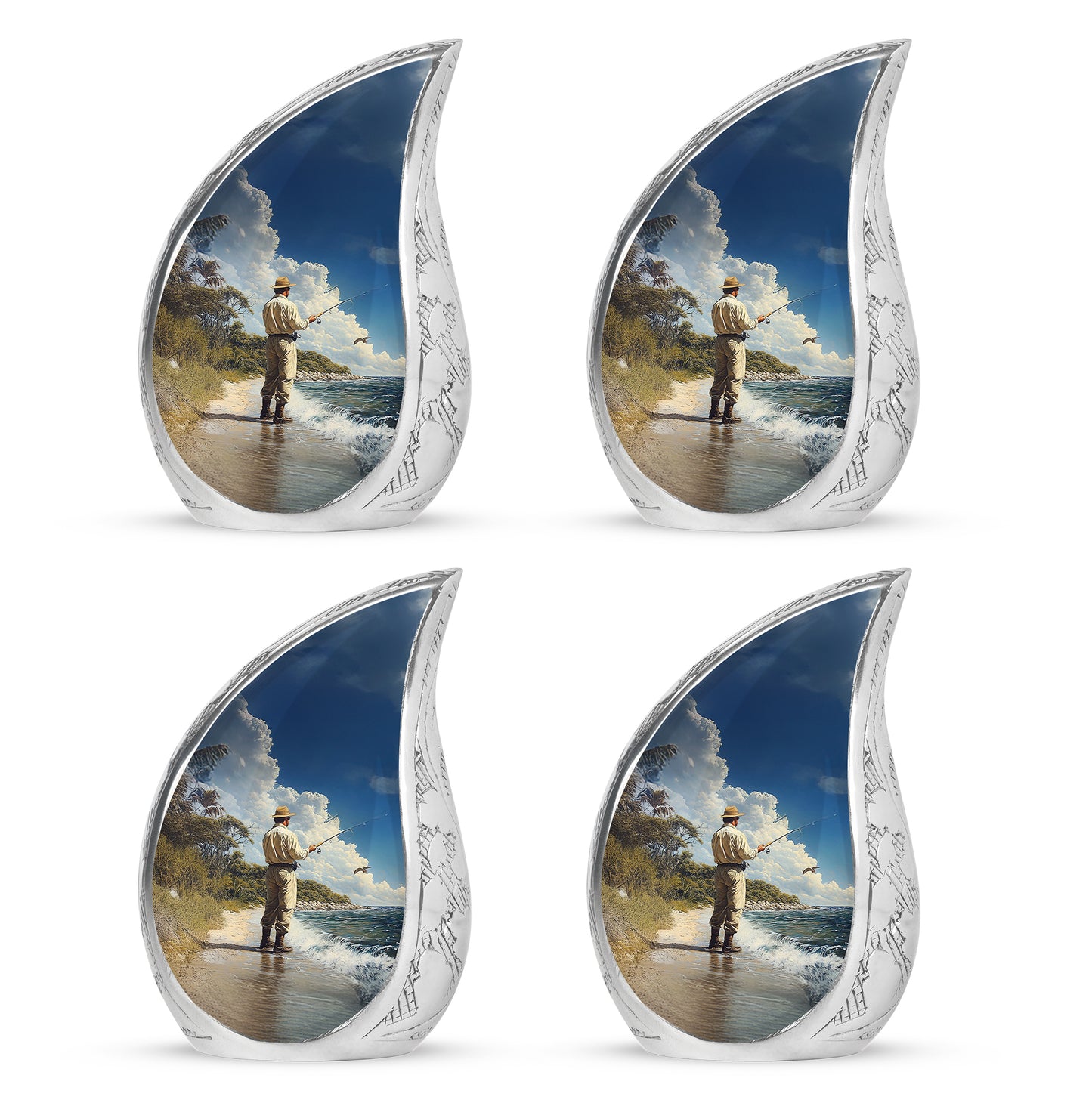 Serene Blue Fishing Cremation Urn close-up of engraving and surface detail - graceful tear-shaped urn with fishing motif - 10 inch aluminum urn for cremated remains