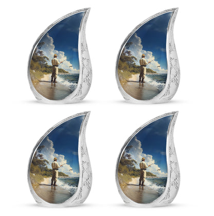 Serene Blue Fishing Cremation Urn close-up of engraving and surface detail - graceful tear-shaped urn with fishing motif - 10 inch aluminum urn for cremated remains