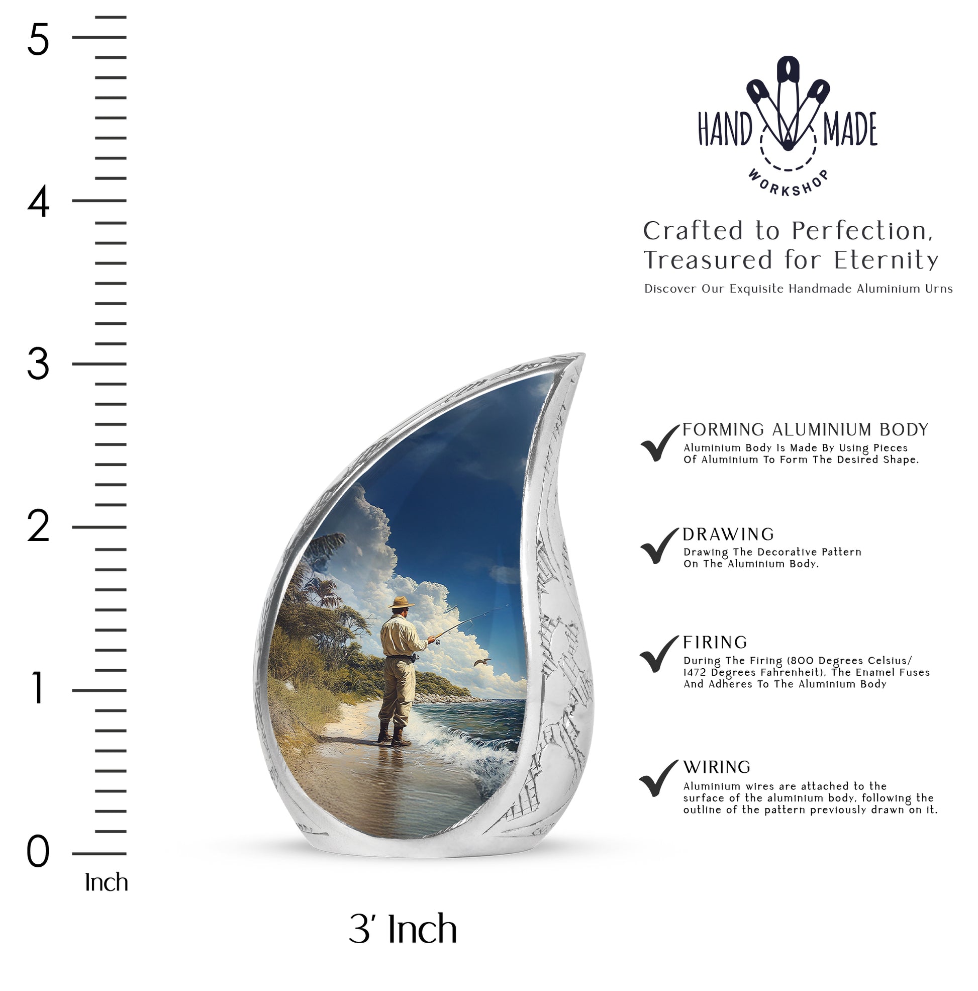 Calming Blue Fishing Cremation Urn angled view of lid and engraved motif - graceful tear-shaped urn with fishing motif - mini keepsake memorial for portion of cremation ashes