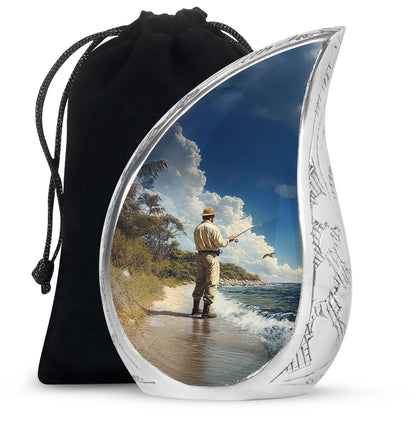 Icy Blue Fishing Cremation Urn front view showing detailed design - flowing teardrop fishing silhouette on curved aluminum - full-size 10 inch 200 cubic inch adult cremation urn
