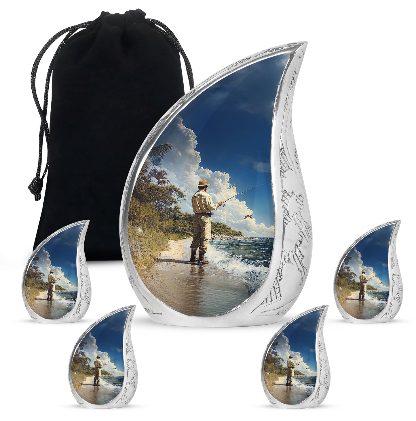 Steel Blue Fishing Cremation Urn side profile showing urn shape - graceful tear-shaped urn with fishing motif - memorial set with one large and four small urns