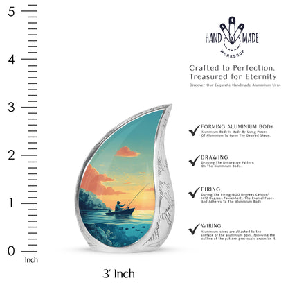 Emerald Green Fishing Cremation Urn angled view of lid and engraved motif - flowing teardrop fishing silhouette on curved aluminum - mini keepsake memorial for portion of cremation ashes
