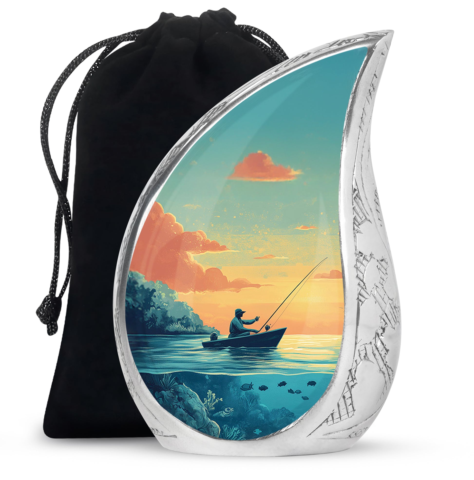 Forest Green Fishing Cremation Urn front view showing detailed design - smooth teardrop contour featuring fishing art - full-size 10 inch 200 cubic inch adult cremation urn