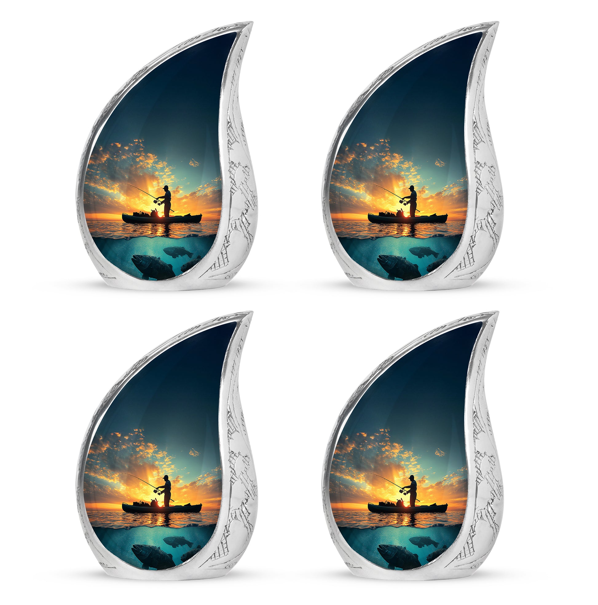 Indigo Fishing Cremation Urn close-up of engraving and surface detail - flowing teardrop fishing silhouette on curved aluminum - 10 inch aluminum urn for cremated remains