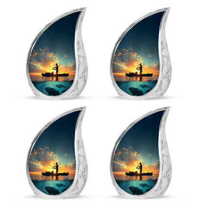 Indigo Fishing Cremation Urn close-up of engraving and surface detail - flowing teardrop fishing silhouette on curved aluminum - 10 inch aluminum urn for cremated remains
