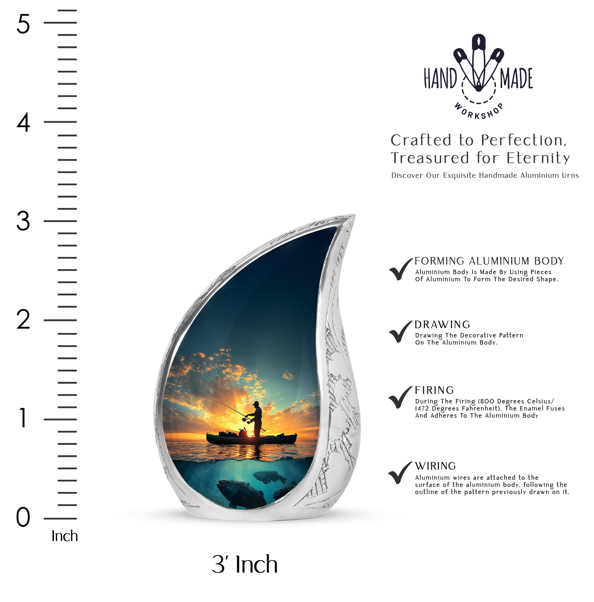 Slate Blue Fishing Cremation Urn angled view of lid and engraved motif - rounded teardrop fishing design with delicate detail - mini keepsake memorial for portion of cremation ashes