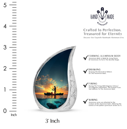 Slate Blue Fishing Cremation Urn angled view of lid and engraved motif - rounded teardrop fishing design with delicate detail - mini keepsake memorial for portion of cremation ashes