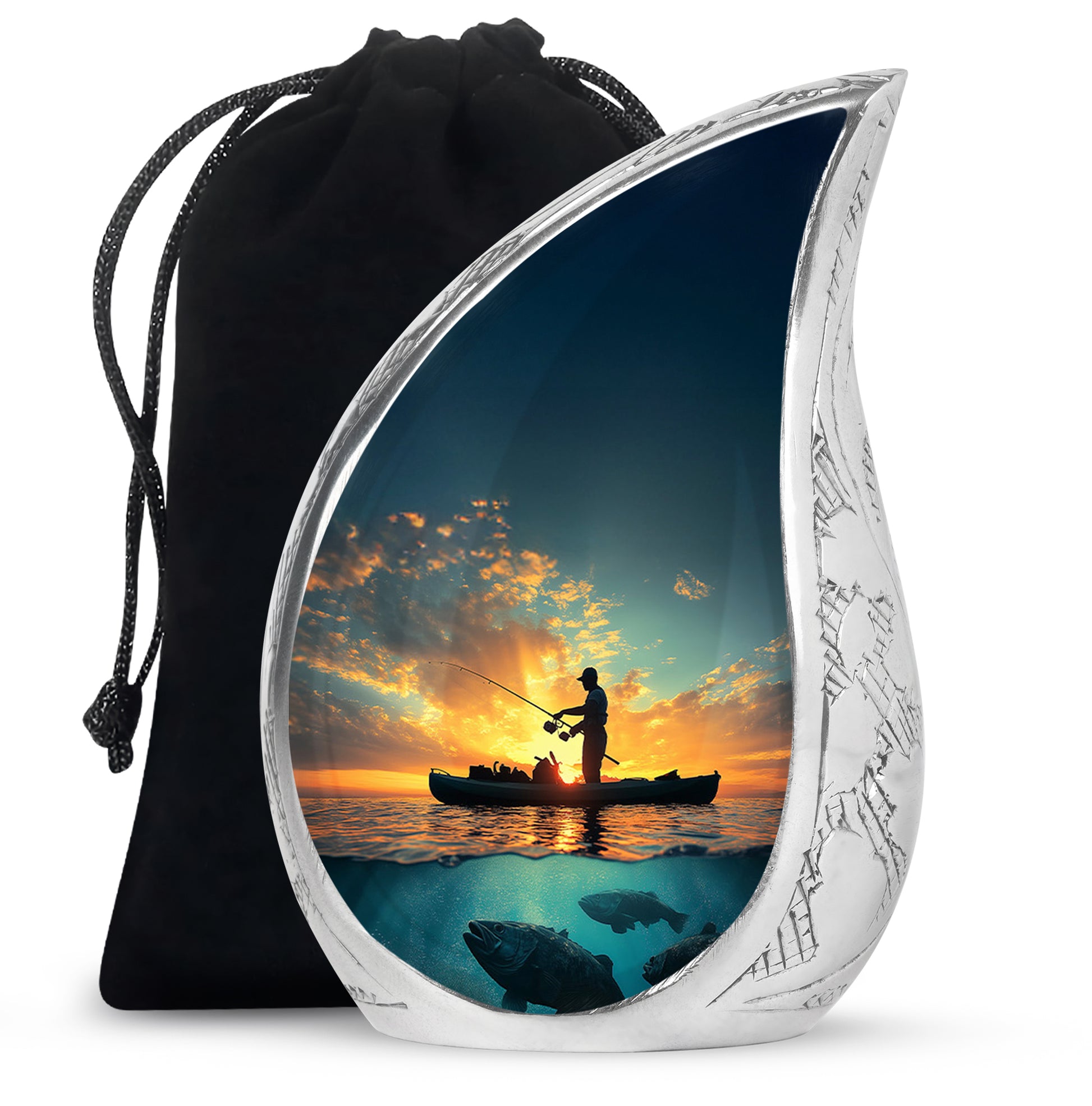 Twilight Blue Fishing Cremation Urn front view showing detailed design - smooth teardrop contour featuring fishing art - full-size 10 inch 200 cubic inch adult cremation urn