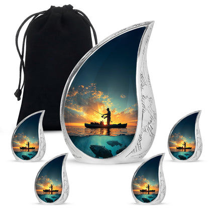 Twilight Blue Fishing Cremation Urn side profile showing urn shape - graceful tear-shaped urn with fishing motif - memorial set with one large and four small urns