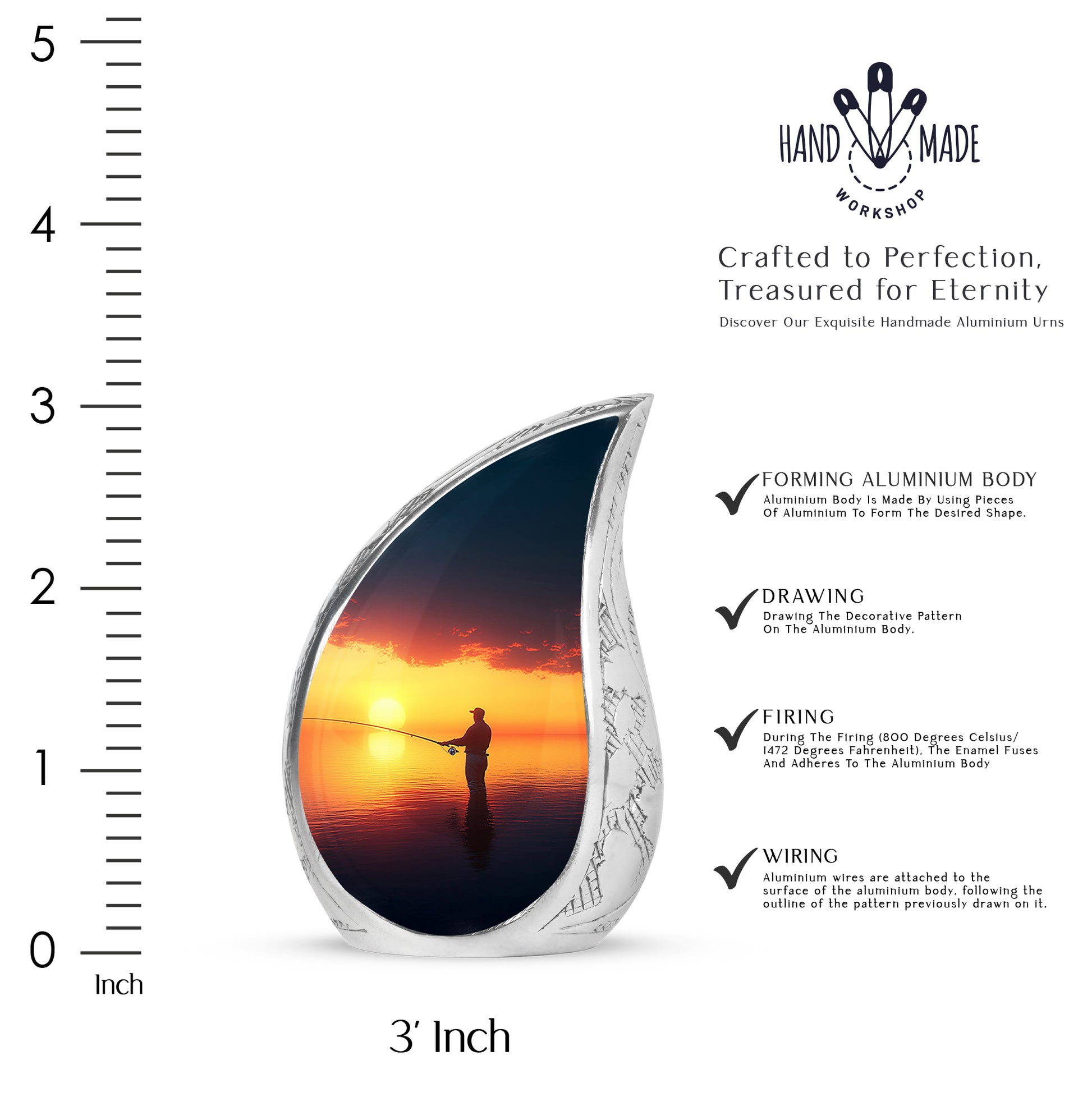 Sapphire Blue Fishing Cremation Urn angled view of lid and engraved motif - smooth teardrop contour featuring fishing art - mini keepsake memorial for portion of cremation ashes
