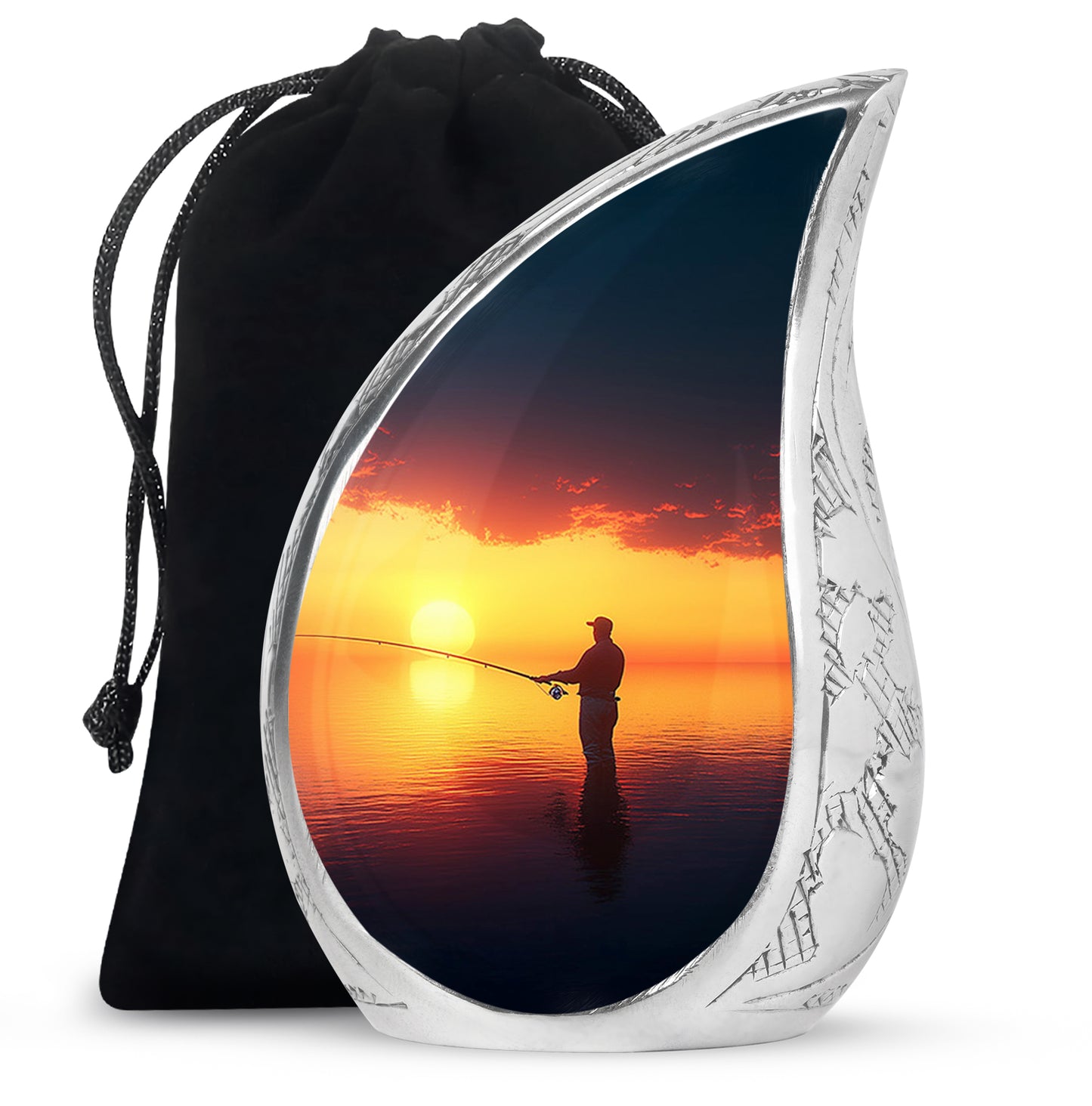 Navy Blue Fishing Cremation Urn front view showing detailed design - rounded teardrop fishing design with delicate detail - full-size 10 inch 200 cubic inch adult cremation urn