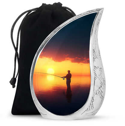 Navy Blue Fishing Cremation Urn front view showing detailed design - rounded teardrop fishing design with delicate detail - full-size 10 inch 200 cubic inch adult cremation urn