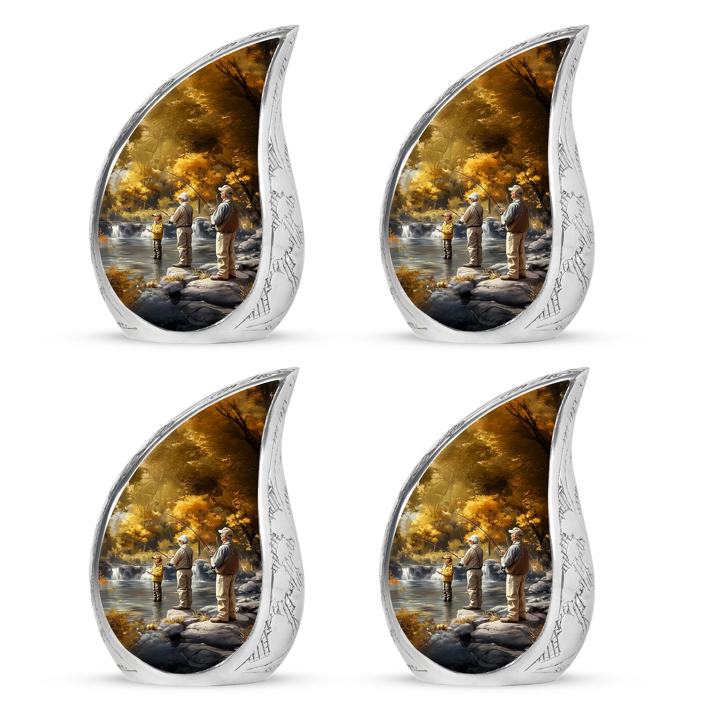 Amber Gold Fishing Cremation Urn close-up of engraving and surface detail - rounded teardrop fishing design with delicate detail - 10 inch aluminum urn for cremated remains