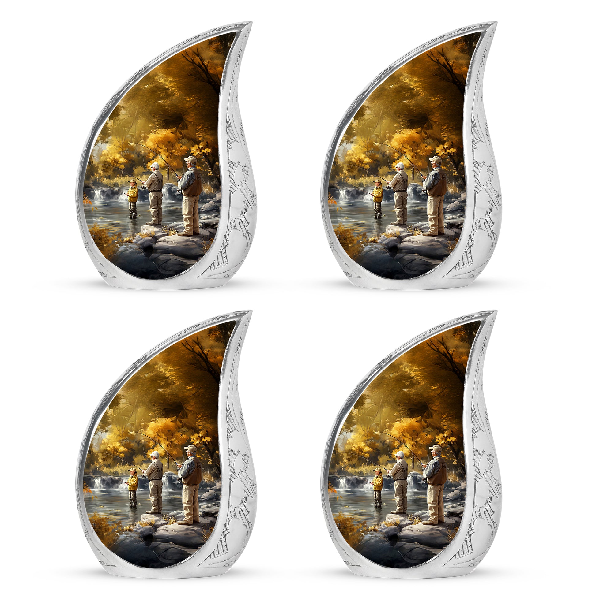 Amber Gold Fishing Cremation Urn close-up of engraving and surface detail - rounded teardrop fishing design with delicate detail - 10 inch aluminum urn for cremated remains