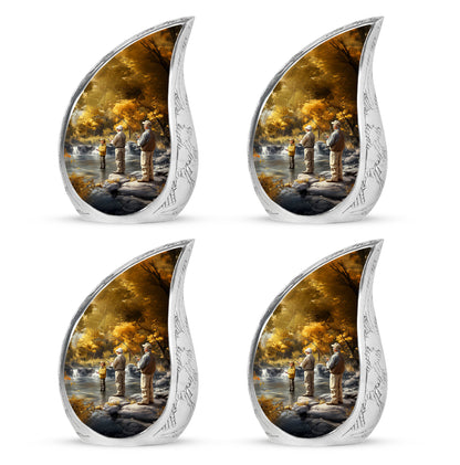 Amber Gold Fishing Cremation Urn close-up of engraving and surface detail - rounded teardrop fishing design with delicate detail - 10 inch aluminum urn for cremated remains