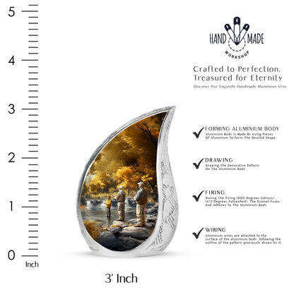 Matte Gold Fishing Cremation Urn angled view of lid and engraved motif - graceful tear-shaped urn with fishing motif - mini keepsake memorial for portion of cremation ashes