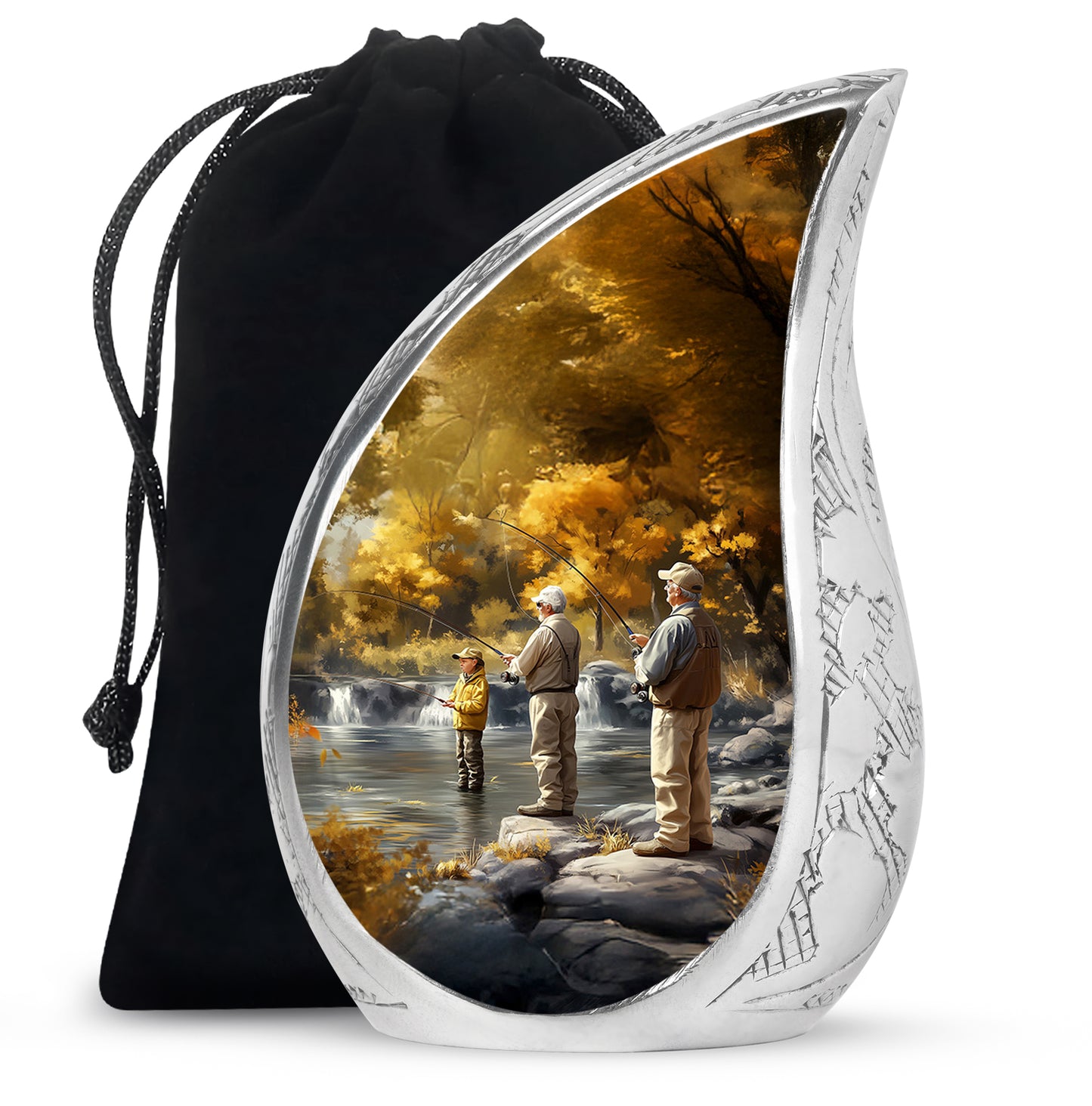 Gilded Gold Fishing Cremation Urn front view showing detailed design - flowing teardrop fishing silhouette on curved aluminum - full-size 10 inch 200 cubic inch adult cremation urn